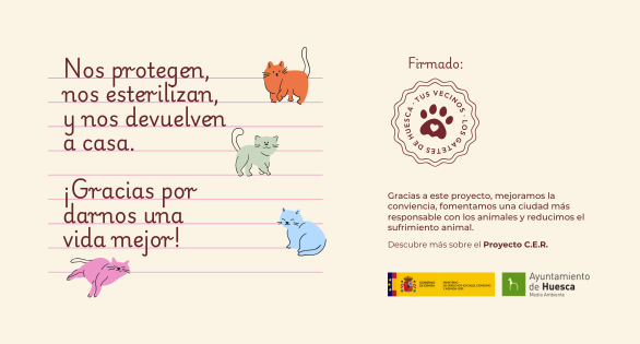 El Ayuntamiento de Huesca impulsa una campaña informativa sobre el Proyecto CER para la gestión de colonias felinas